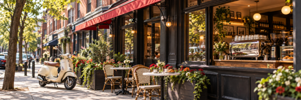 AI illustration of a Little Italy-inspired Toronto café, with a red awning, espresso machine, flower-filled patio and cream scooter. Disclosure: AI-generated illustration inspired by Little Italy, Toronto; not a photograph of an actual café.